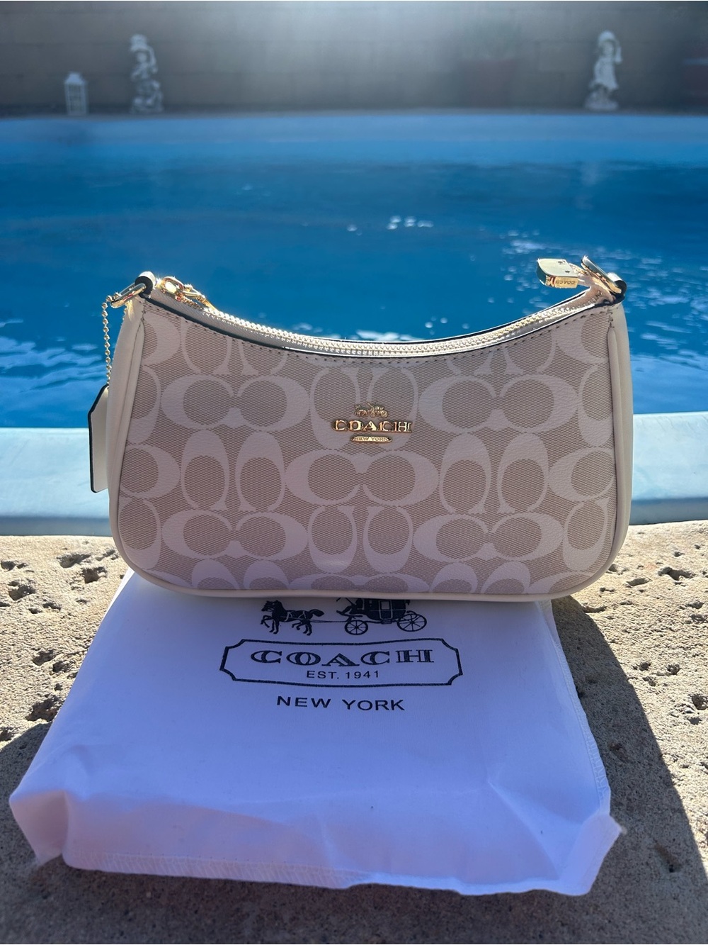 Coach Beige Signature Mini Shoulder Bag with Gold Hardware